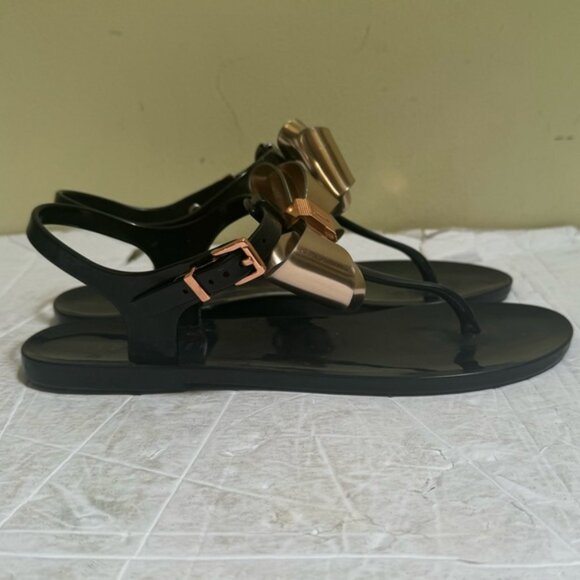 Ted Baker Ainda Rose Gold Bow Ankle TStrap Thong Jelly Bow Sandals Flats Black - Picture 4 of 16